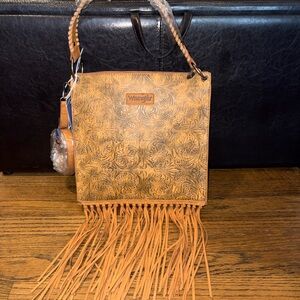 Wrangler Tooled PU Leather Fringe Shoulder Bag in Tan